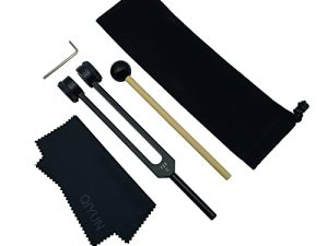 QIYUN Tuning Fork ، شوكات ضبط 128 هرتز للشفاء بمطرقة من السيليكون وقطعة قماش للتنظيف ، أوزان ألومنيوم من الدرجة السريرية للأعصاب / الحسية ، أسود