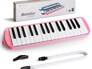 MUSICUBE Melodica للأطفال 32 مفتاحًا من لوحة مفاتيح البيانو الهوائية من ميلوديكا مع أنبوب طويل واحد ، قطعة فم قصيرة للمبتدئين من الطلاب ، هدية موسيقية للأولاد والبنات (وردي)
