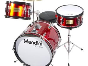 Mendini By Cecilio Drum Set - طقم طبول للأطفال مكون من 3 قطع (16 بوصة) ، يتضمن طبلة باس ، توم ، كمين ، عرش الطبل - أدوات موسيقية لعمر 6-12 عامًا ، مجموعة طبول حمراء