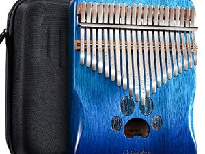 XINQIDIAN (جديد) Kalimba 21 مفتاحًا لتشغيل المزيد من الأغاني مع ملاحظات محفورة سهلة التعلم للأطفال والمبتدئين ، بيانو من خشب الماهوجني المحمول مع جراب EVA ، أفضل الهدايا الموسيقية مبيرا ماريمبا (أزرق ، قطة)