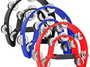 EASTROCK Tambourine 3 عبوات من صف مزدوج من الدف معدن الأناشيد المحمولة باليد قرع نصف قمر للأطفال ، الكبار ، KTV ، حفلة (أسود ، أزرق ، أحمر)