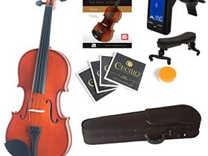 Mendini By Cecilio Violin للأطفال والكبار - 4/4 MV كمان مطلي بالورنيش الطبيعي ، مجموعة للطلاب أو المبتدئين مع حقيبة ، فيونكة ، أوتار إضافية ، موالف ، كتاب درس - آلات موسيقية وترية